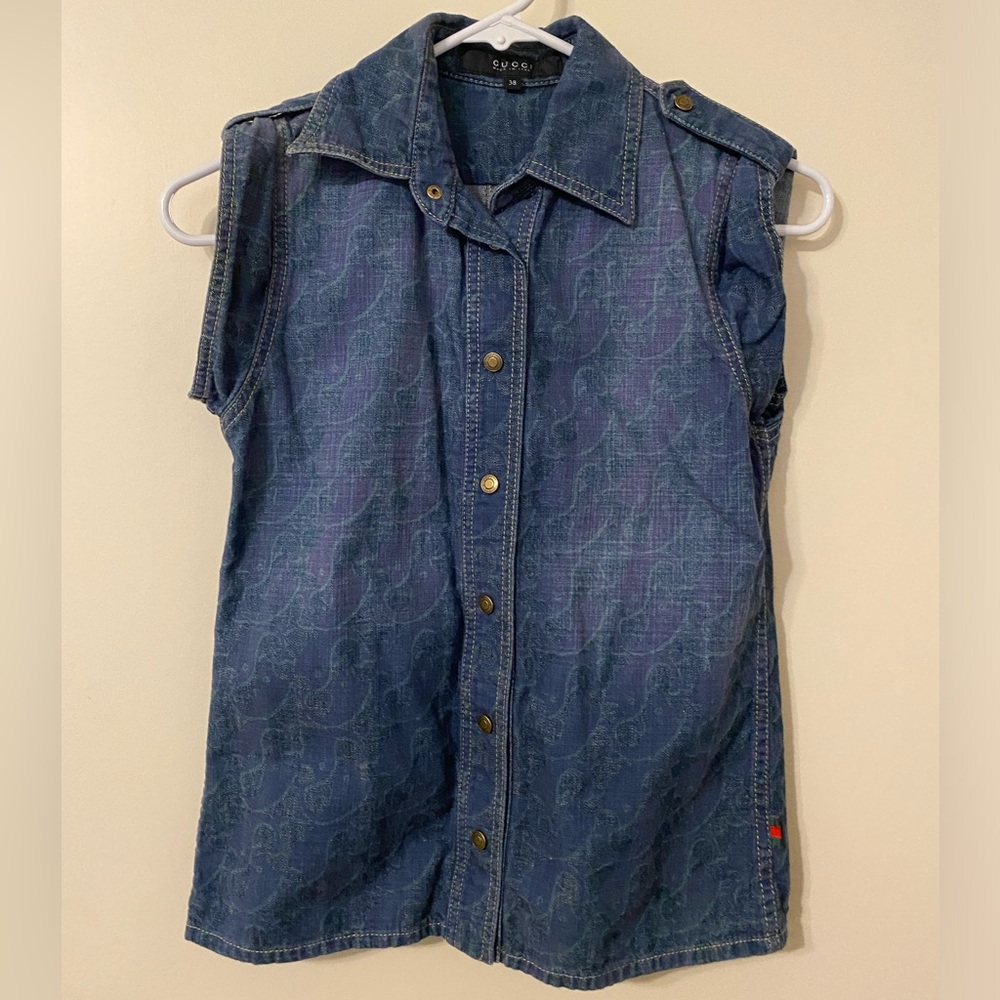 Vintage Gucci Sleeveless Denim Vest Jacket Top w/ Faded Purple Fish Pattern